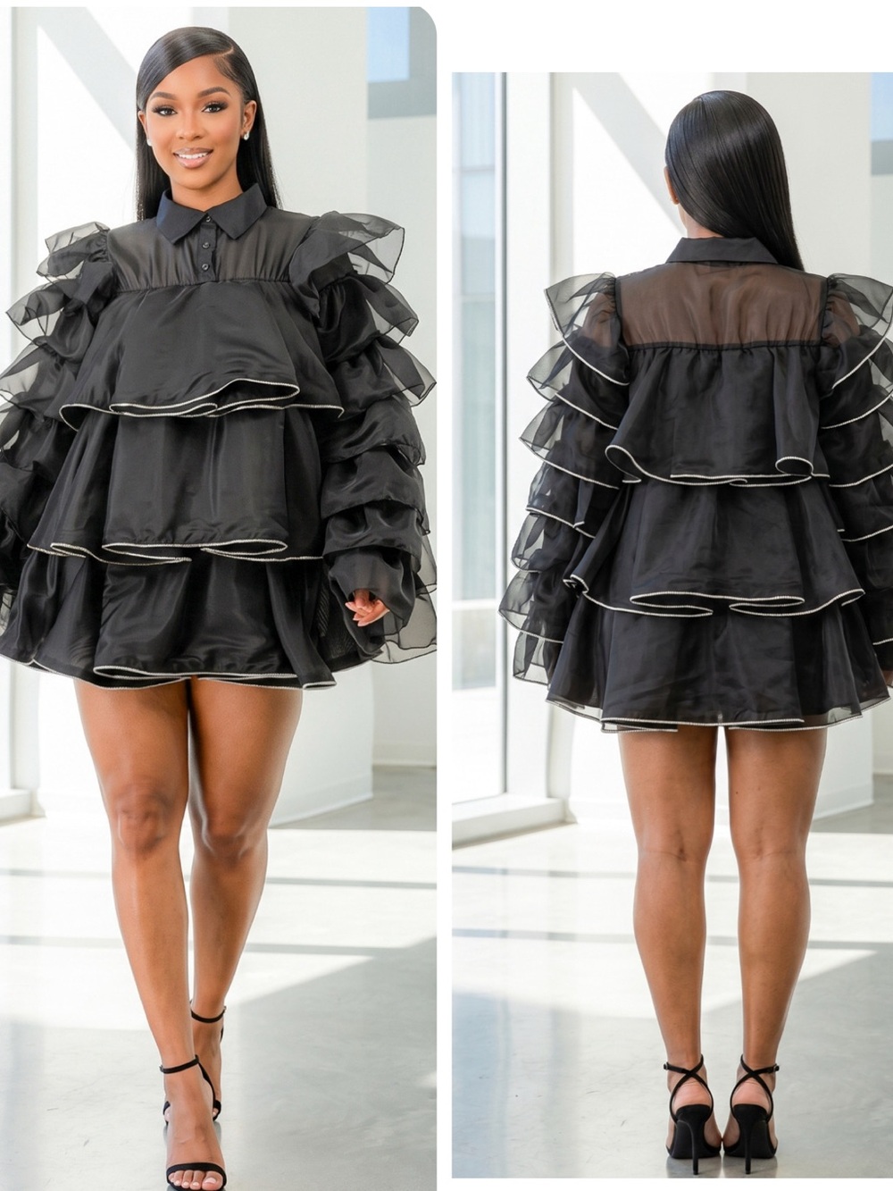 Black Tiered Ruffle Mini Dress with Contrast Trim - Women